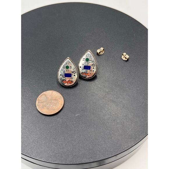 Carolyn Pollack Sterling Silver Inlaid Coral Lapis Lazuli‎ Malachite Earrings - Picture 9 of 10